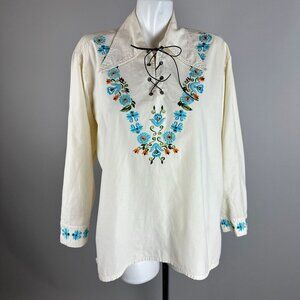 Vtg 70s Bordados Womens Mexican Embroidered Peasant Blouse Blue Floral Lace Up